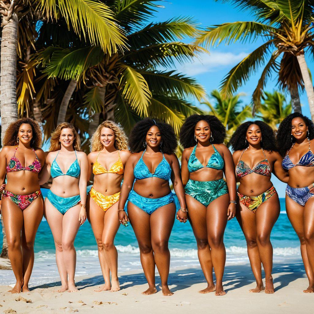 A diverse group of confident individuals showcasing stylish bikinis and exotic resort wear on a sun-kissed beach, radiating joy and self-acceptance. Surround them with tropical palm trees, vibrant flowers, and a shimmering ocean in the background. Emphasize a sense of unity and body positivity with varied body types and colorful patterns. Capture a lively and uplifting summer vibe. vibrant colors. super-realistic.